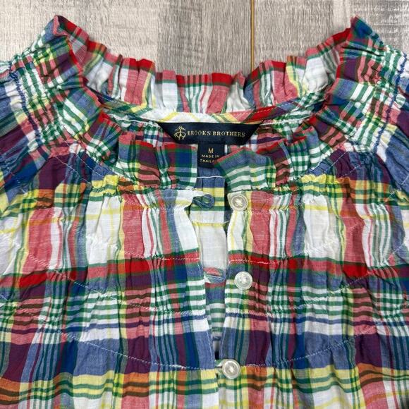 Brooks Brothers L/S Blouse Top Womens Medium Plaid Colorful Smocked Neck Peasant - Picture 4 of 11